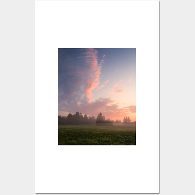 Misty meadow sunrise landscape Wall Art by Juhku